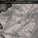 A digital drawn fantasy map that looks very old with the names of the locations written on top using the Fabled Hand font