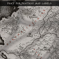 A digital drawn fantasy map that looks very old with the names of the locations written on top using the Fabled Hand font