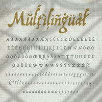 Multilingual text in the Fabled Hand font on a textured background