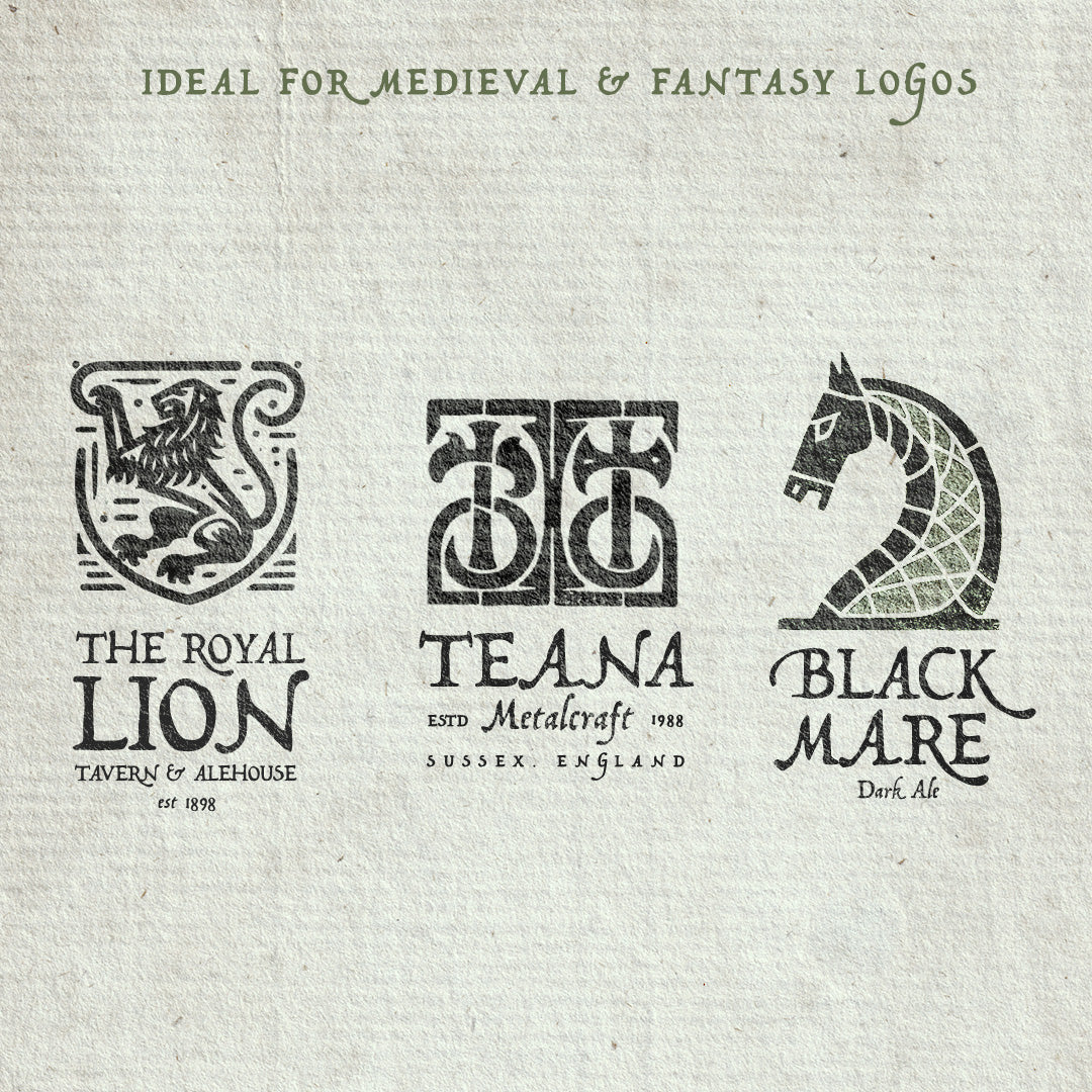 A series of three fictional logos, used as a promotional image to showcase the use of the Fabled Hand font