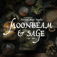 The words Moonbeam & Sage are written in white against an earthy toned flatlay showing herbs and candles