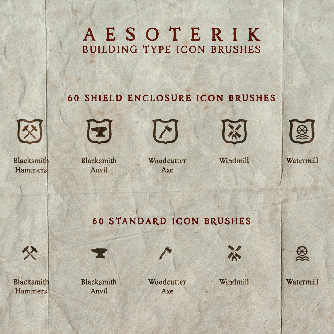 A promotional images showing the open and enclosed icon types in Aesoterik's rpg building icon brush set