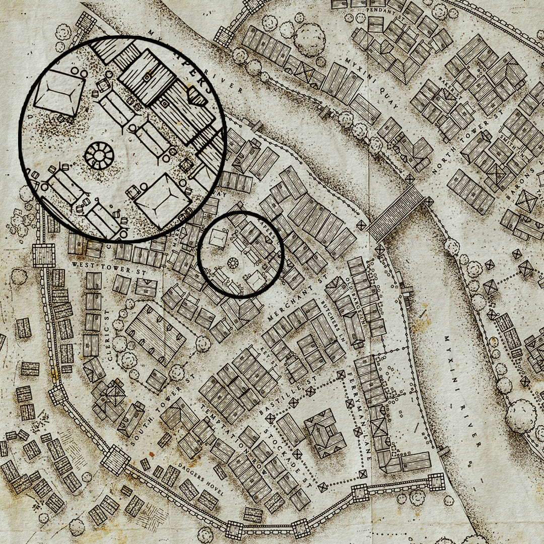 A fantasy map created on ivory paper with a circle magnifying a small section and showing the detail of the buildings