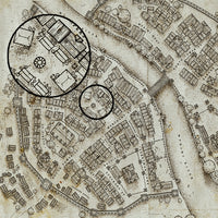 A fantasy map created on ivory paper with a circle magnifying a small section and showing the detail of the buildings