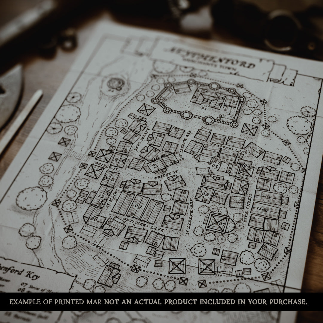 Map of a fantasy village printed on paper and laid out on a dungeon masters desk