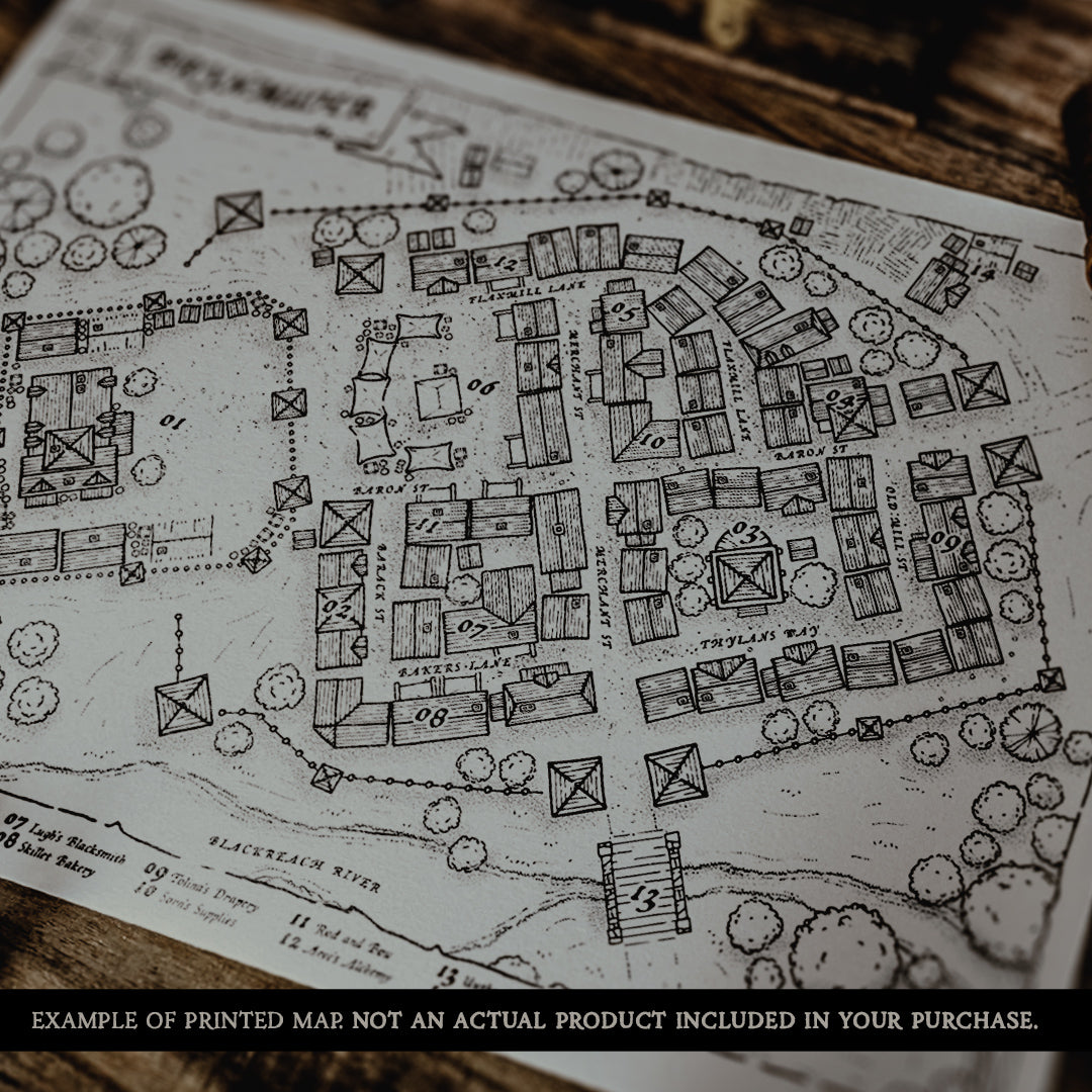 An example of a fantasy town map printed on paper