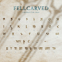 An old piece of cream parchment is filled with strange runic symbols, these are the characters contained in the Fellcarved font, designed for dungeon masters