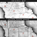 A split image showing the before and after effect of applying a folded paper texture on top of an illustrated fantasy map