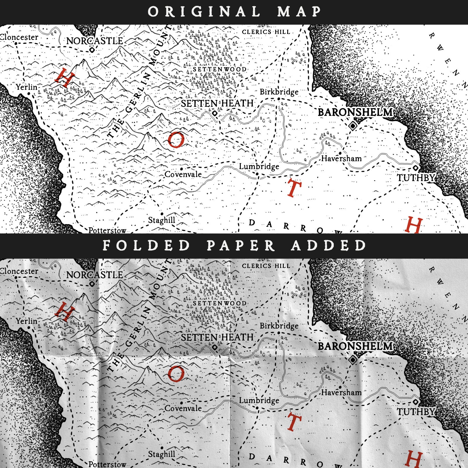 A split image showing the before and after effect of applying a folded paper texture on top of an illustrated fantasy map