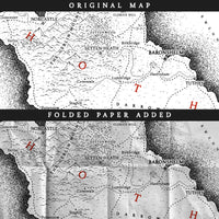 A split image showing the before and after effect of applying a folded paper texture on top of an illustrated fantasy map