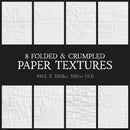 a series of 8 images showcasing crumpled and folded white paper textures