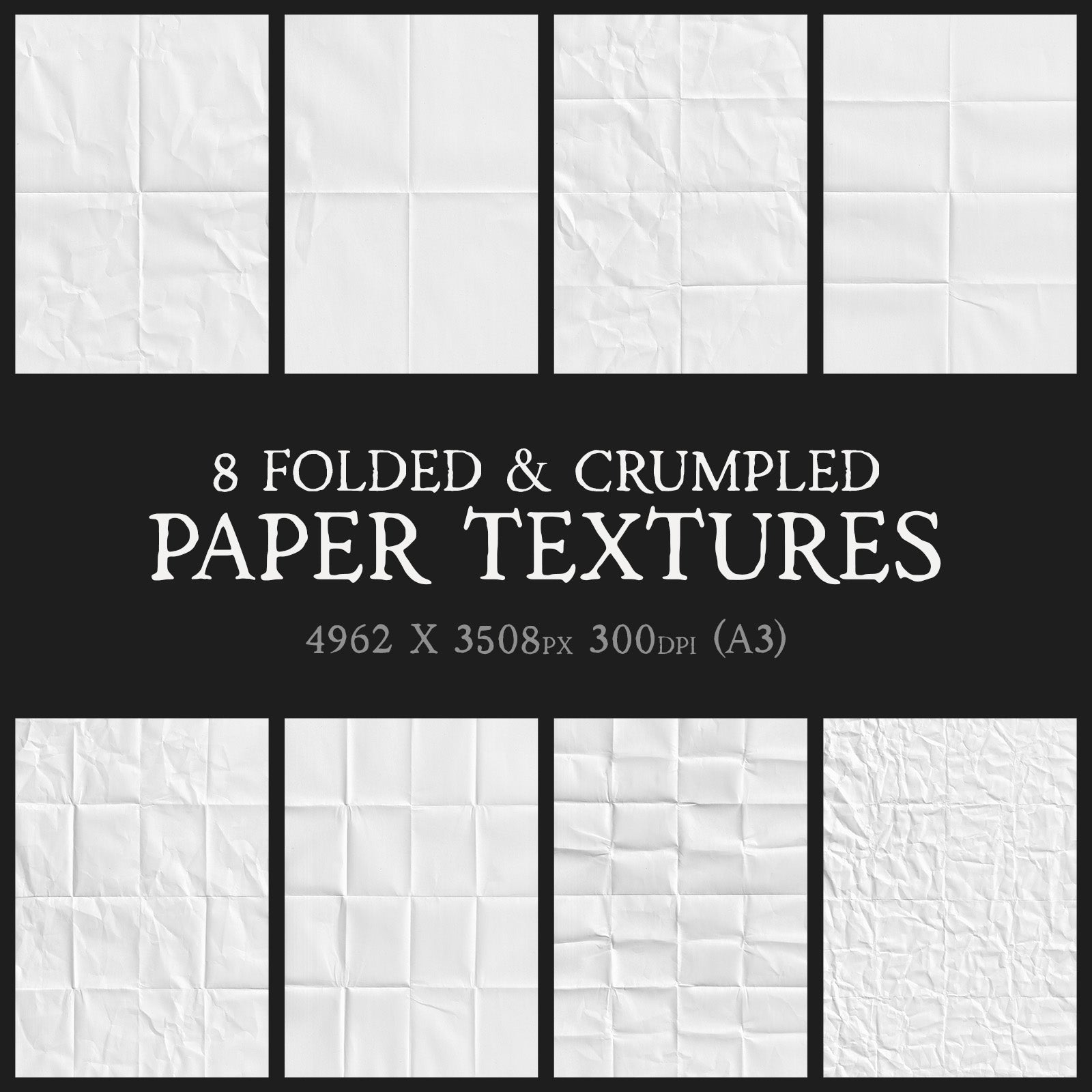 a series of 8 images showcasing crumpled and folded white paper textures