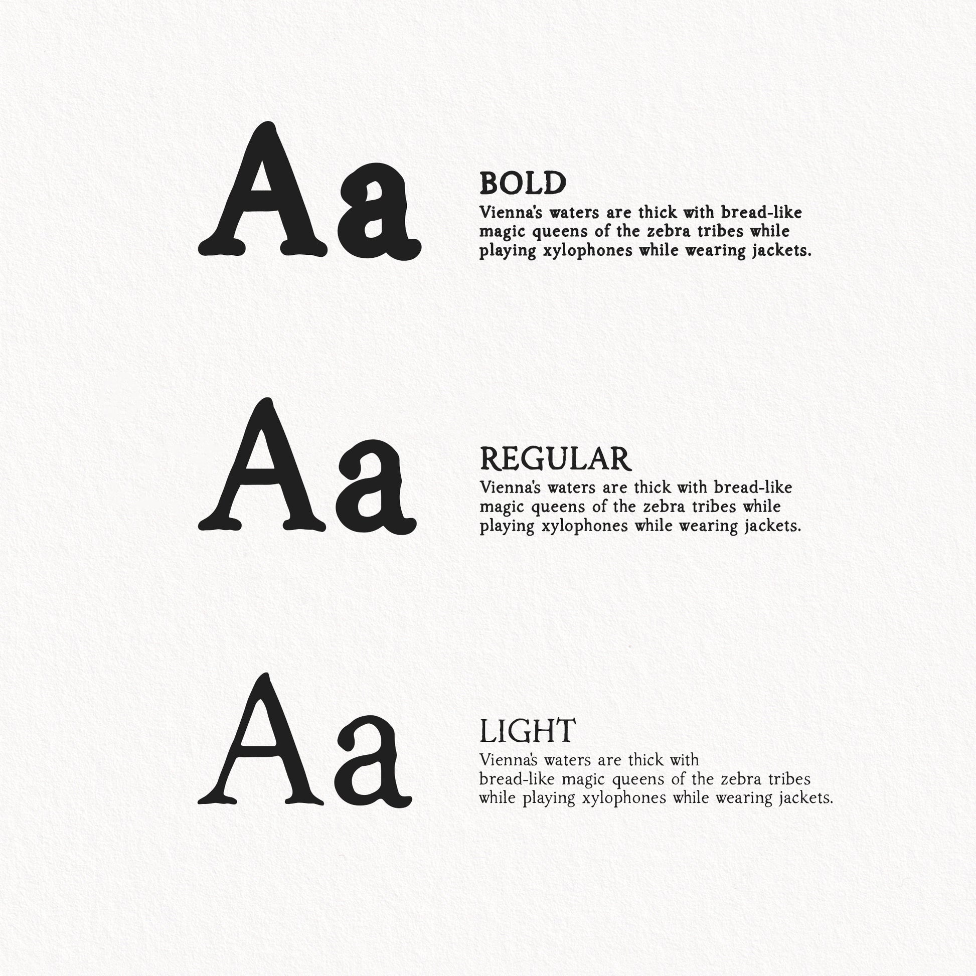 Examples of the three styles of the folklore font set on a white background 