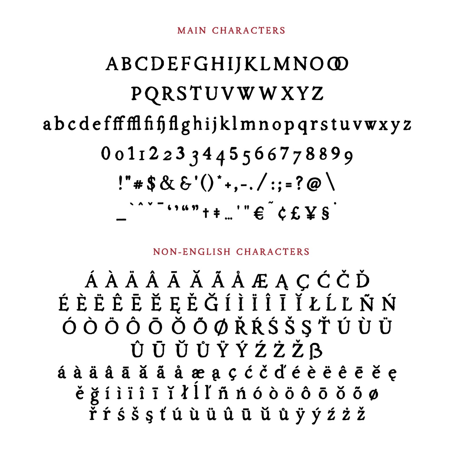 All the characters of the Folklore font set in black on a white paper background