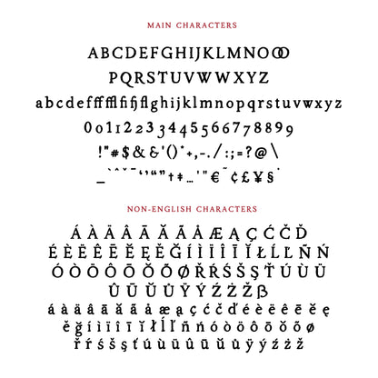 All the characters of the Folklore font set in black on a white paper background