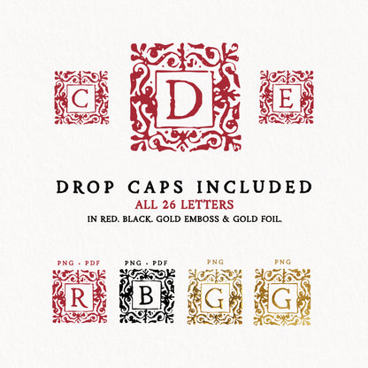 paper texture background with samples of drop caps included with the Folklore font