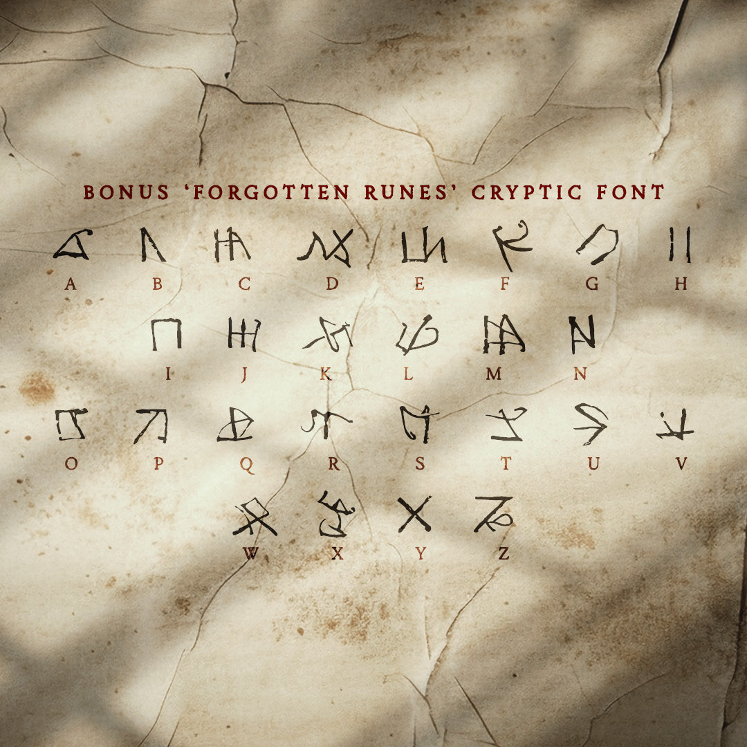 A series of obscure and arcane looking runes scrawled into an old piece of dry cracked paper
