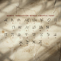 A series of obscure and arcane looking runes scrawled into an old piece of dry cracked paper