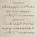 A character map illustrating all the glyphs in the garbled hand font, written in dark brown ink on a sepia colours page
