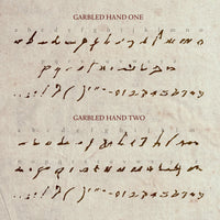 A character map illustrating all the glyphs in the garbled hand font, written in dark brown ink on a sepia colours page