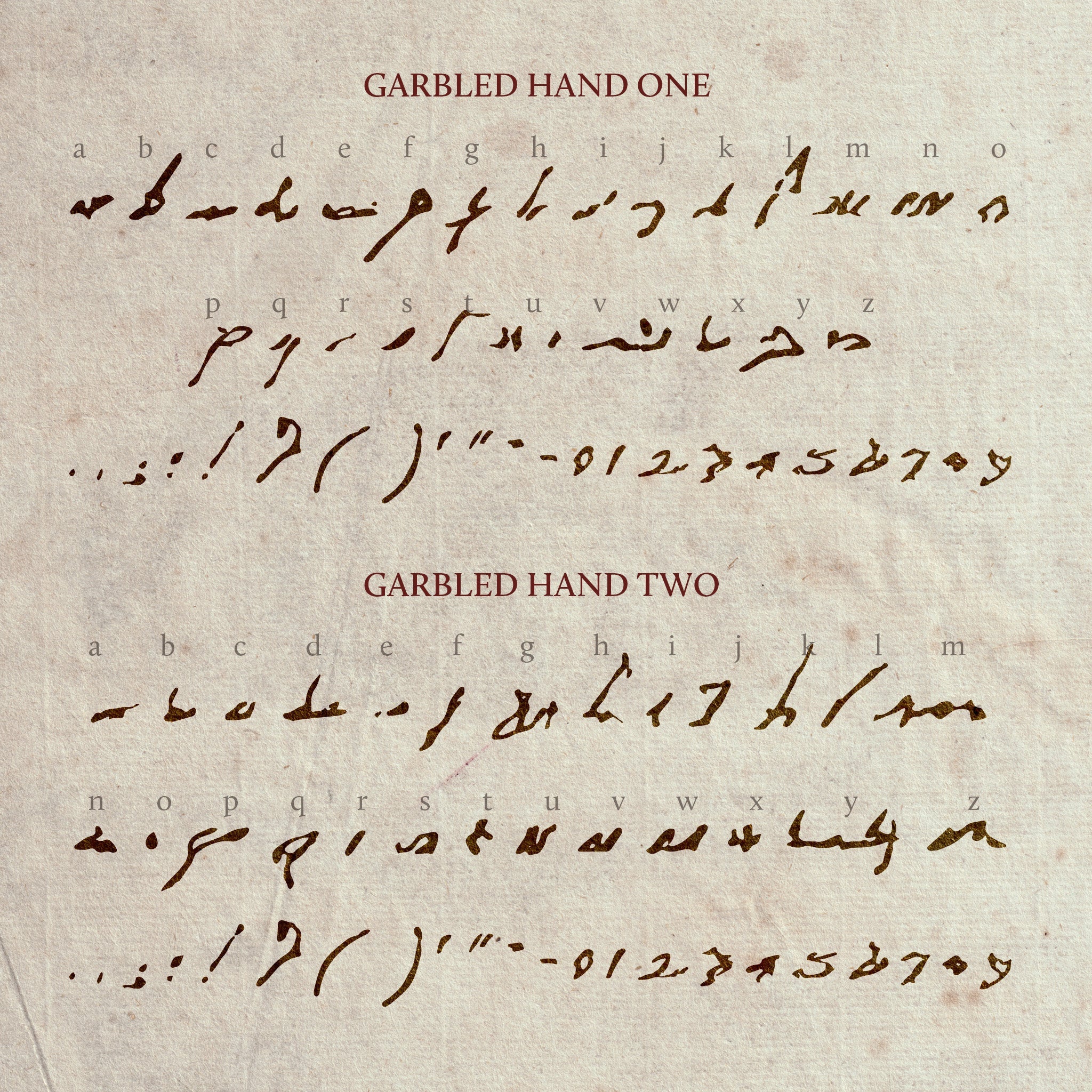 A character map illustrating all the glyphs in the garbled hand font, written in dark brown ink on a sepia colours page
