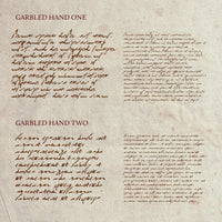 paragraphs of example text written in the  garbled hand font, dark brown ink on a sepia colours page