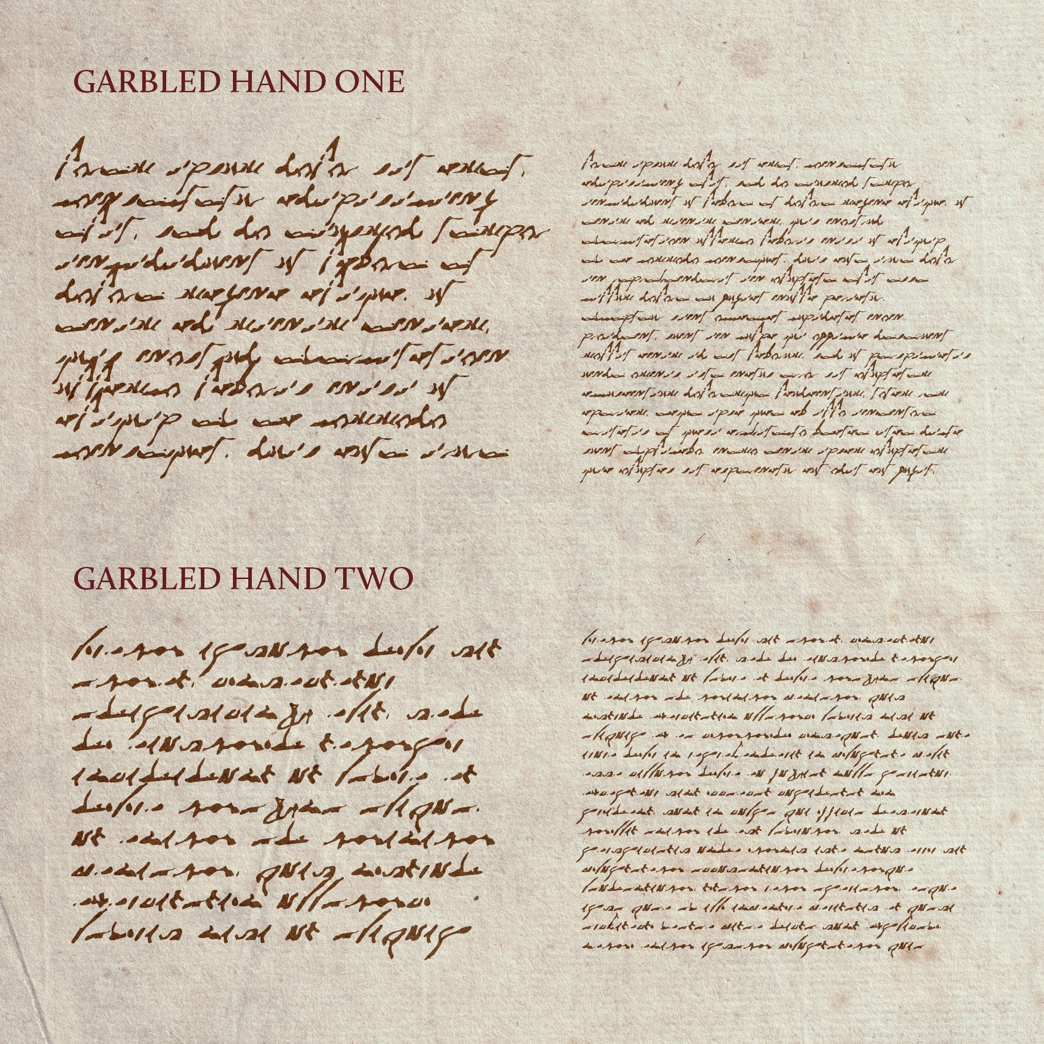 paragraphs of example text written in the  garbled hand font, dark brown ink on a sepia colours page