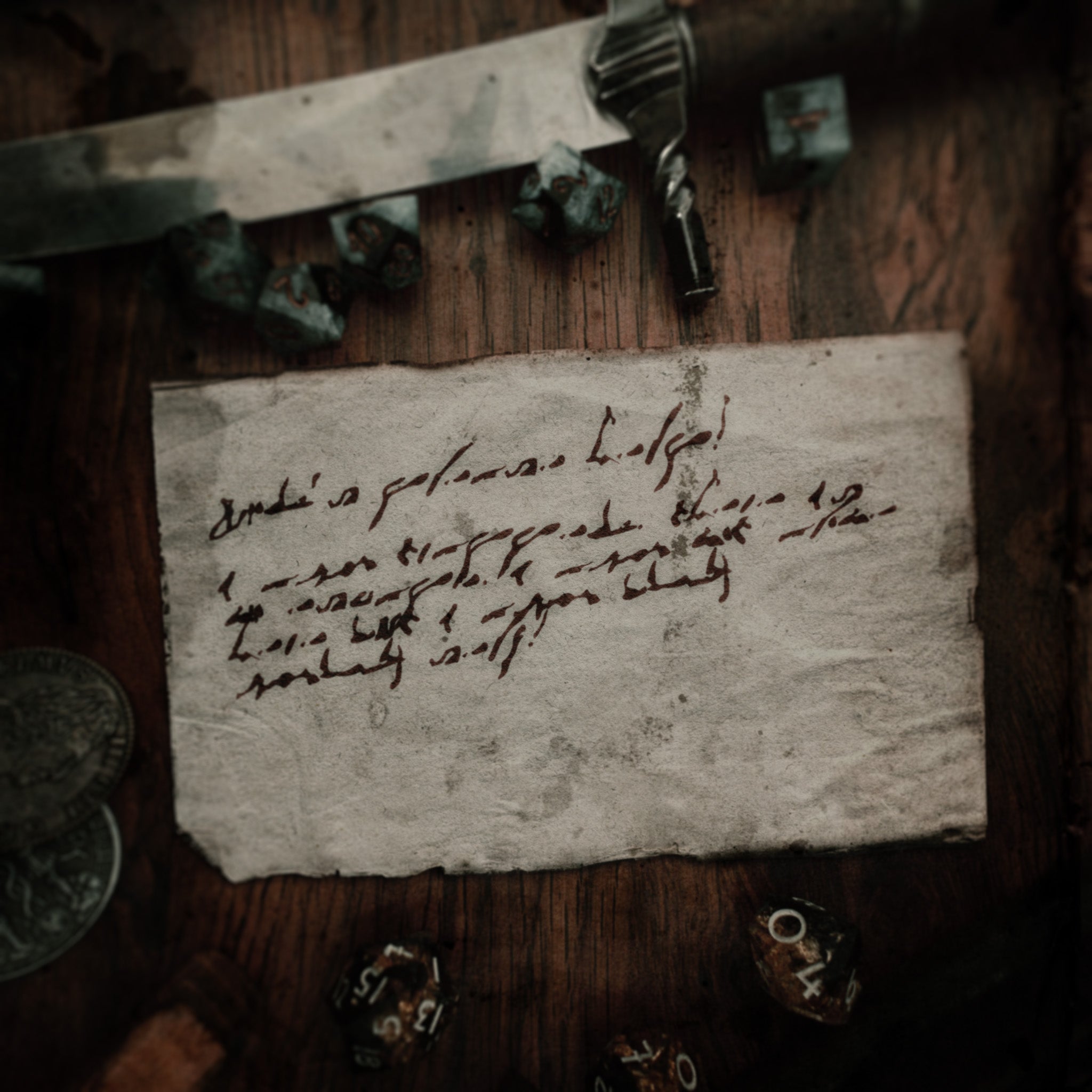 A small mysterious note sits on a dark desk along with a dagger, some coins and some dice, used as a prop for a D&D campaign