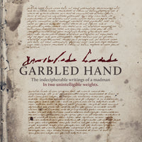 Cover image of the 'Garbled Hand' font, showing a page with cursive, old-fashioned text that is difficult to read, indicating the font's gothic and dark fantasy inspired design.