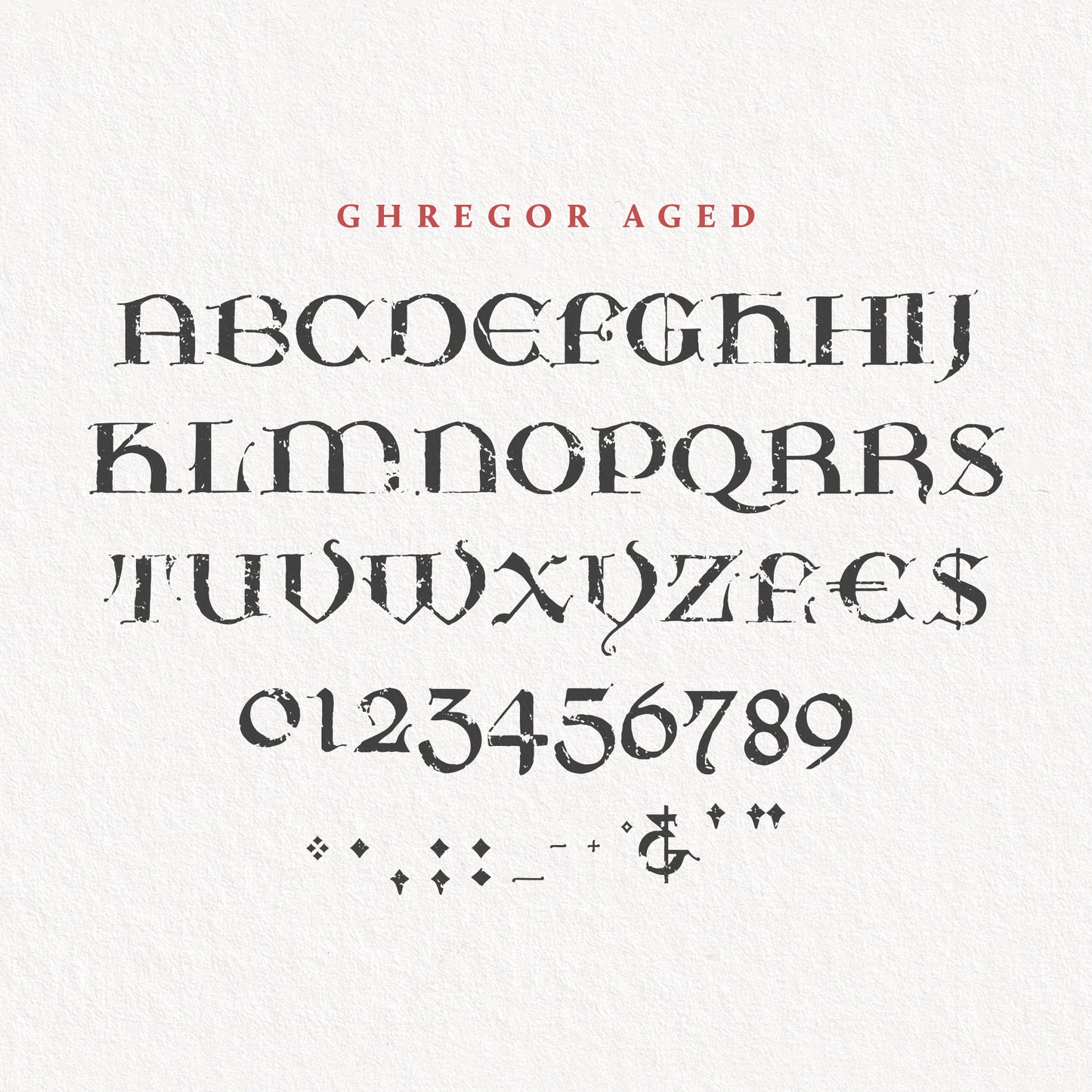 light paper background with all glyphs of the Ghregor Aged font in dark grey