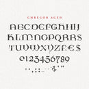 light paper background with all glyphs of the Ghregor Aged font in dark grey