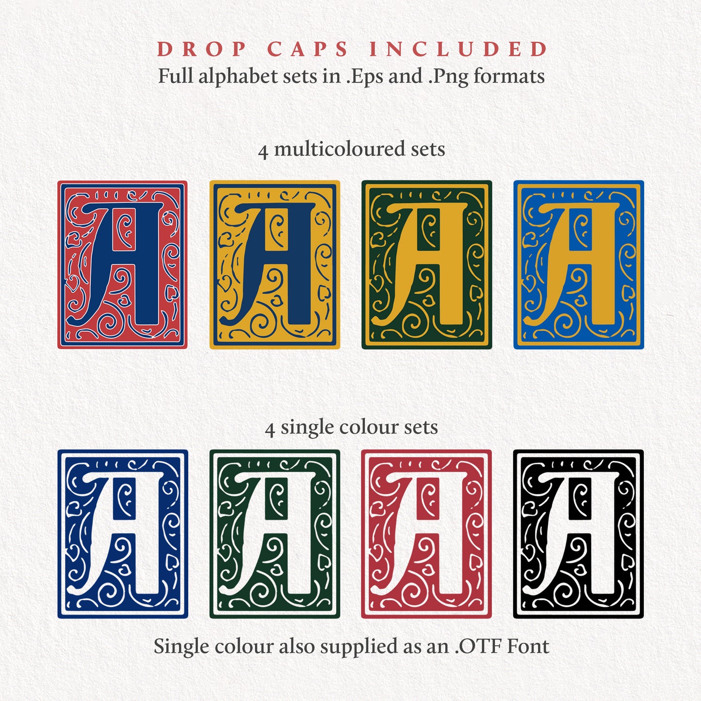 sample of 8 colourful drop caps letters set on a light background
