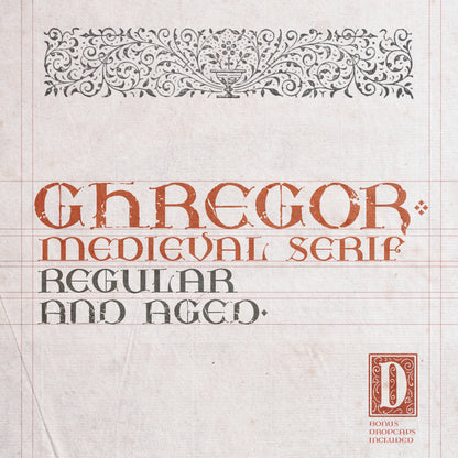Ghregor font promotional image with the font name in red set against an old paper texture with red rule lines