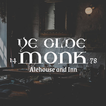 photo of an old dark tavern with white text reading ye olde monk