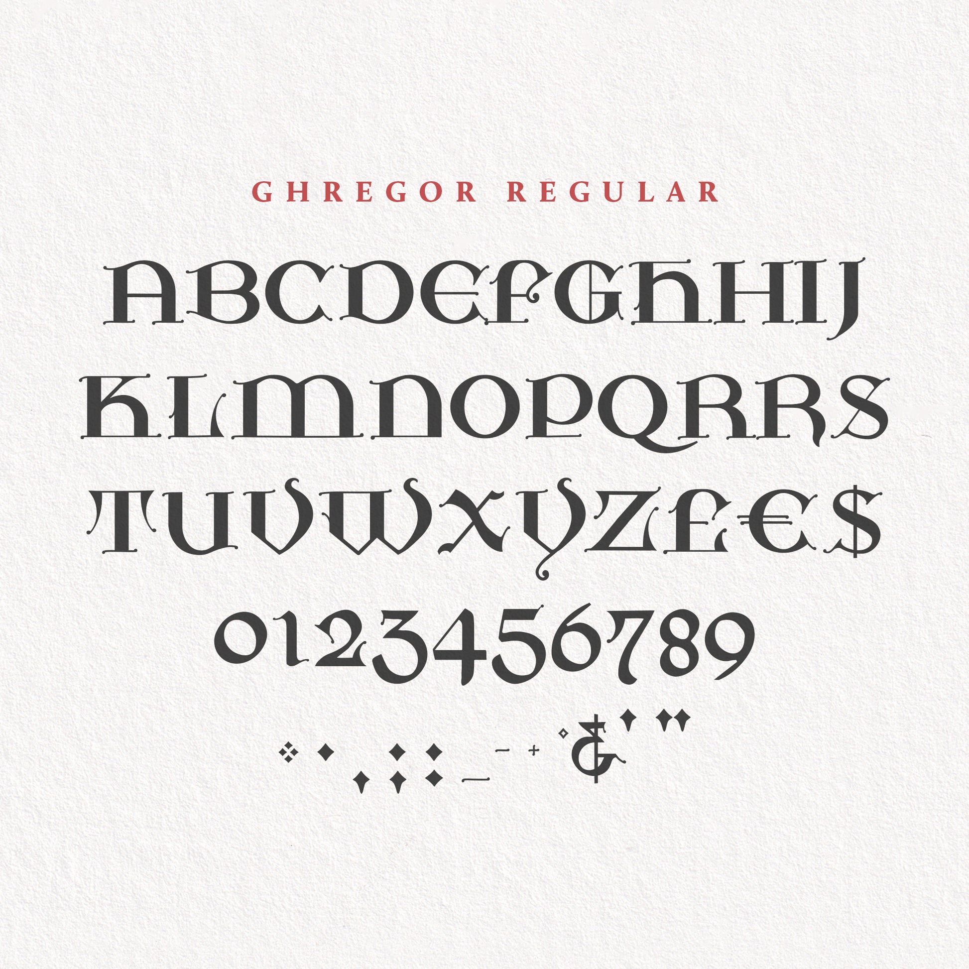 All glyphs of Ghregor Regular font set against a light paper background