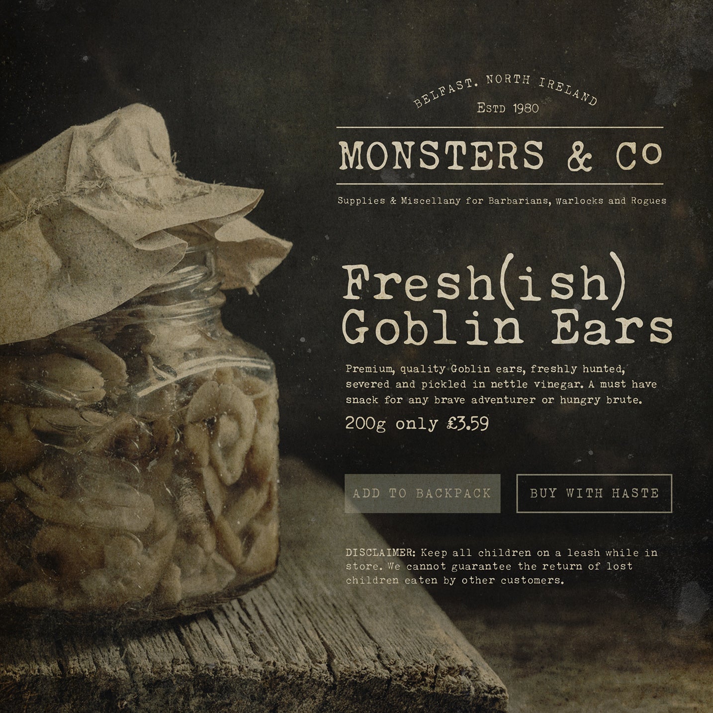 Advert for a glass jar of Goblin Ears, a fake dungeon and dragons prop to illustrate the merchant ledger font