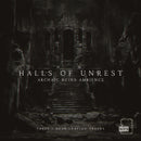 Cover art for 'Halls of Unrest' featuring a dark temple entrance with stairs leading upwards. The image has a moody, atmospheric quality suitable for the product's description of archaic ruins.