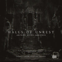 Cover art for 'Halls of Unrest' featuring a dark temple entrance with stairs leading upwards. The image has a moody, atmospheric quality suitable for the product's description of archaic ruins.