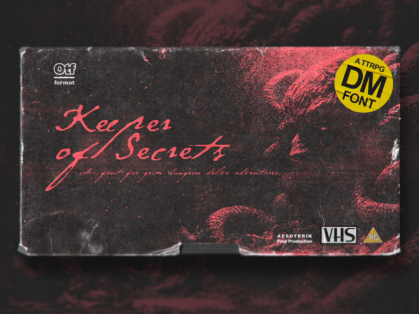 Promotional image of an old VHS tape titled 'Keepers of Secrets' with red text on a dark background