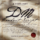 Vintage-style font display with 'DM Handout Script' on an aged paper background.