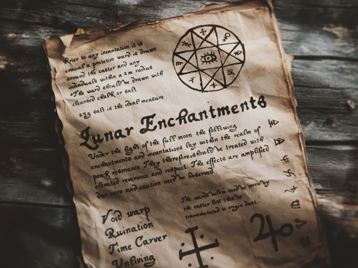 Old parchment with 'Lunar Enchantments' hand-written text and symbols on a wooden surface