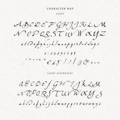 all letters of bliaunt script light font on a paper background