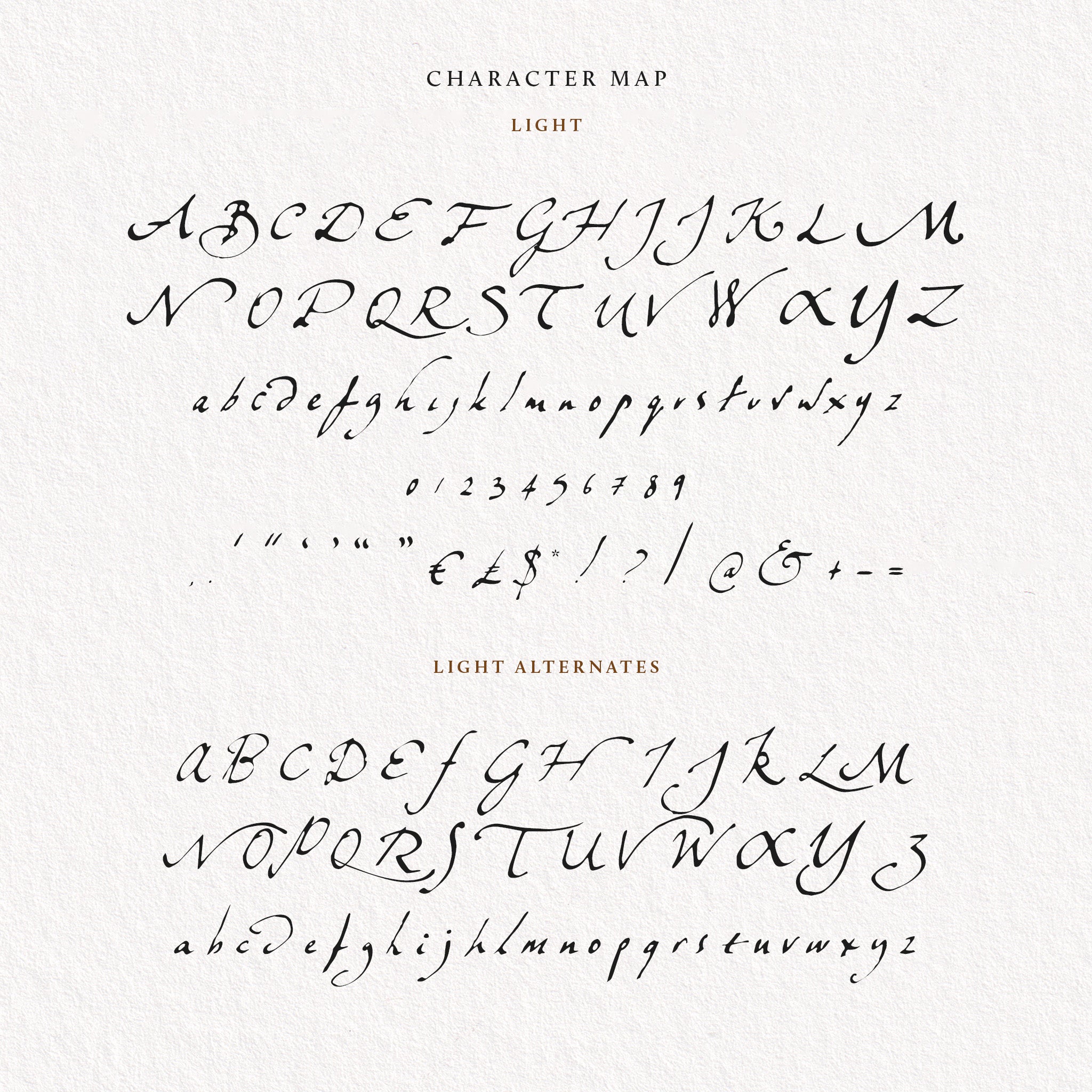 all letters of bliaunt script light font on a paper background