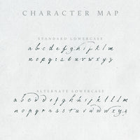 The lowercase characters and alternates of the Mythshire handwritten font displayed in a charcoal colour on a white paper background
