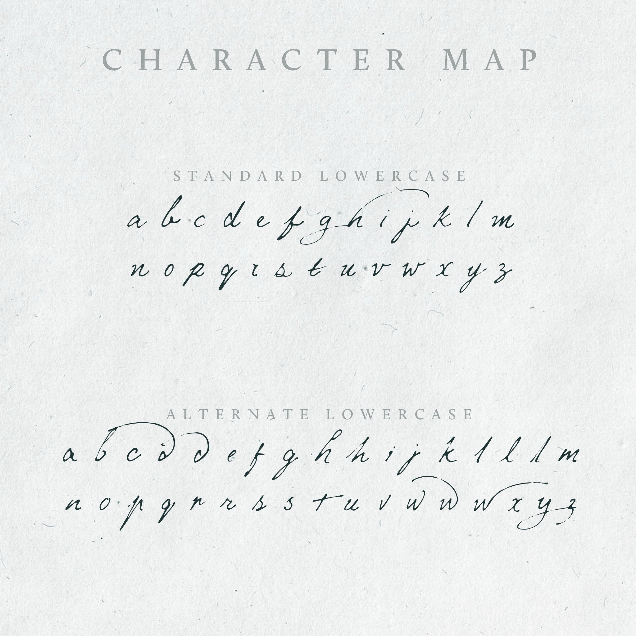 The lowercase characters and alternates of the Mythshire handwritten font displayed in a charcoal colour on a white paper background