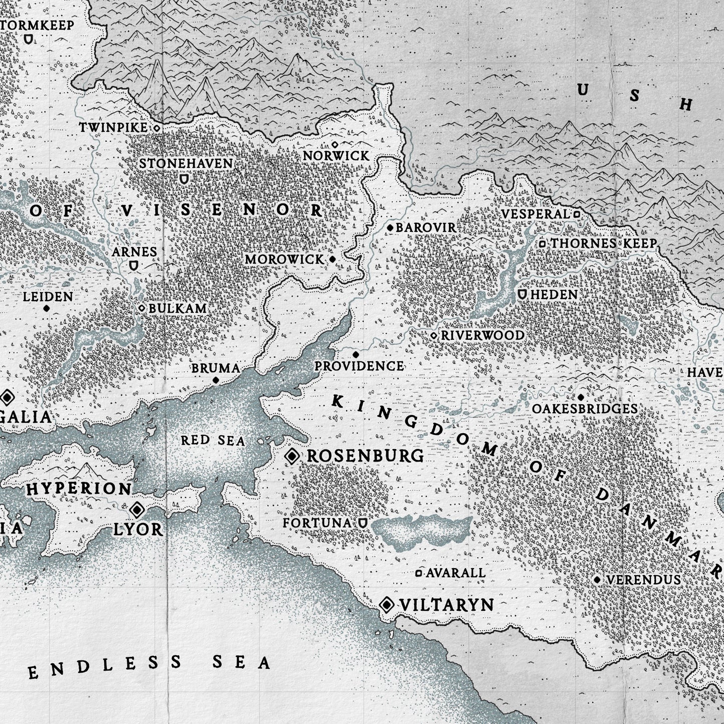 Black and white fantasy map with all locations labelled using the Folklore font 