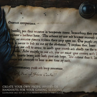 A scroll letter prop on a wooden desk with a quill and inkwell sitting on top