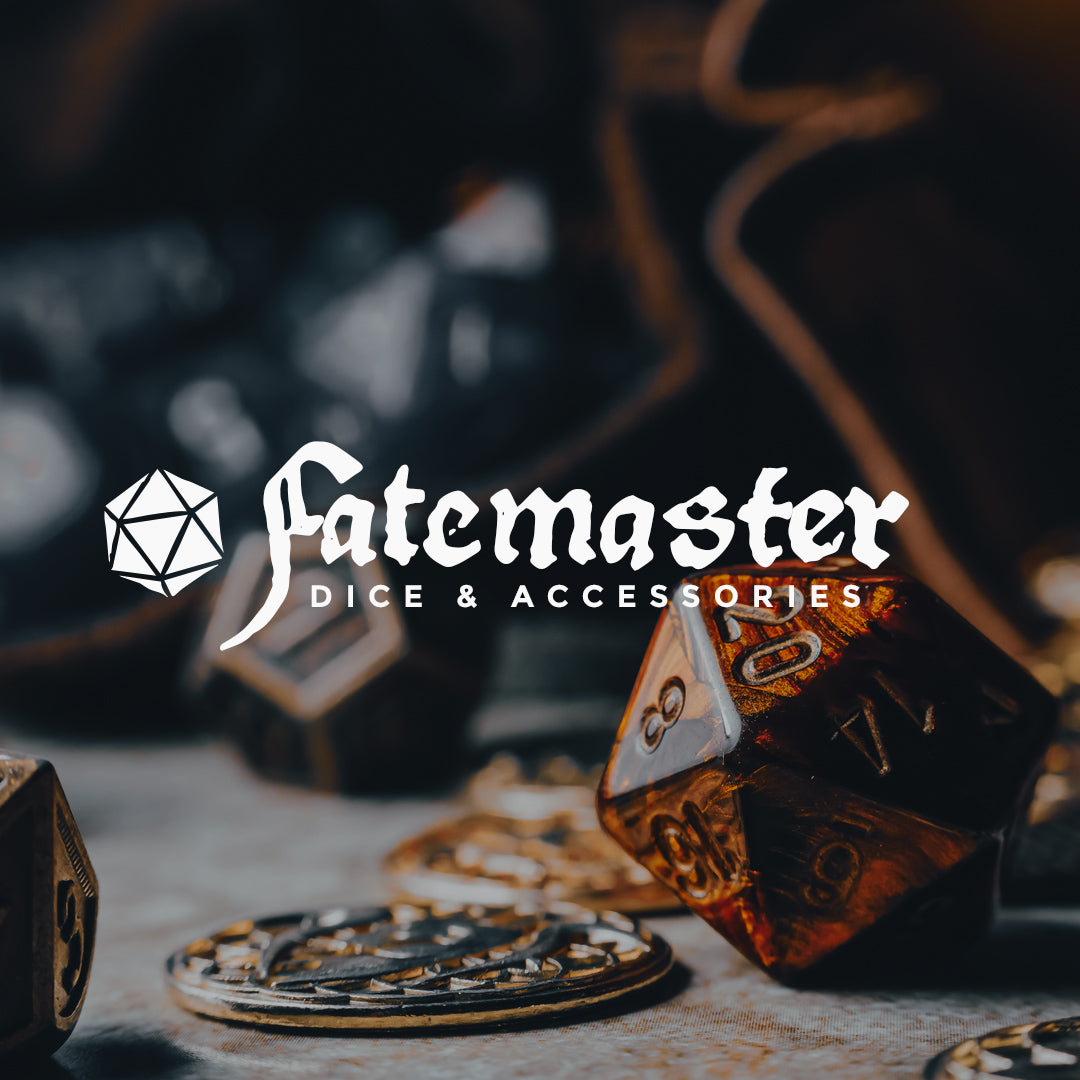 A promotional image showing a ttrpg backdrop with coins and dice and the word 'Fatemaster' written in white