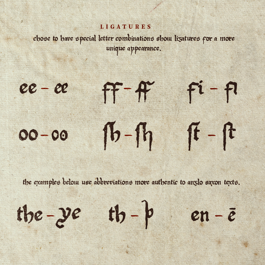Examples of the medi aevi font ligatures on an old cream parchment background
