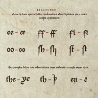Examples of the medi aevi font ligatures on an old cream parchment background